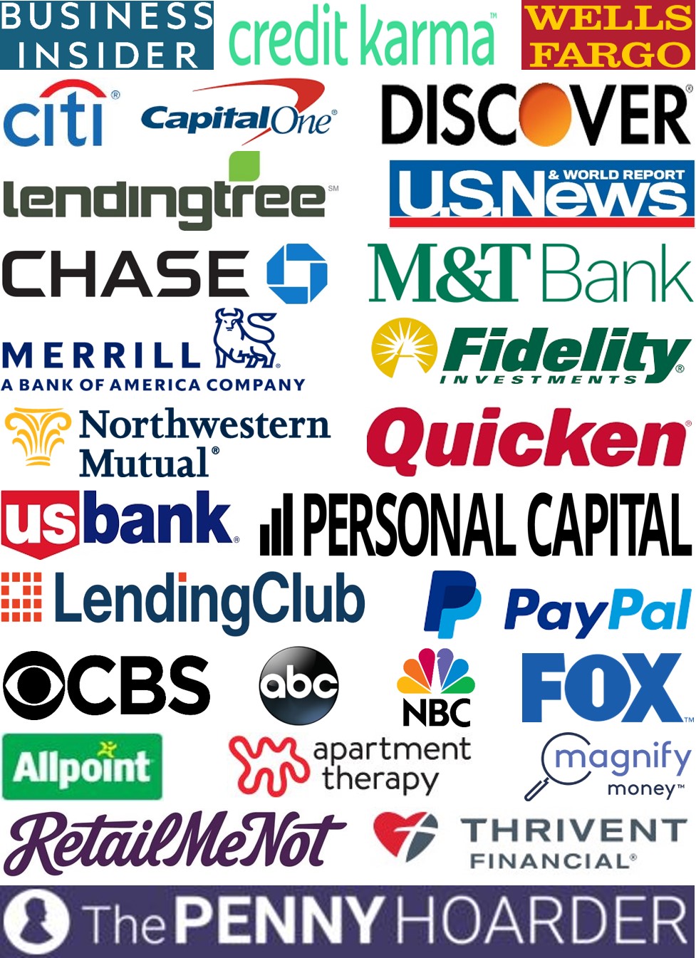 Business Insider, Credit Karma, Wells Fargo, Citi, Capital One, Discover, Lending Tree, U.S. News & World Report, Chase, M&T Bank, Merrill Edge, Fidelity Investments, Northwestern Mutual, Quicken, U.S. Bank Personal Capital, LendingClub, PayPal, CBS, ABC, NBC, FOX, Allpoint, Apartment Therapy, Magnify Money, RetailMeNot, Thrivent Magazine, The Penny Hoarder