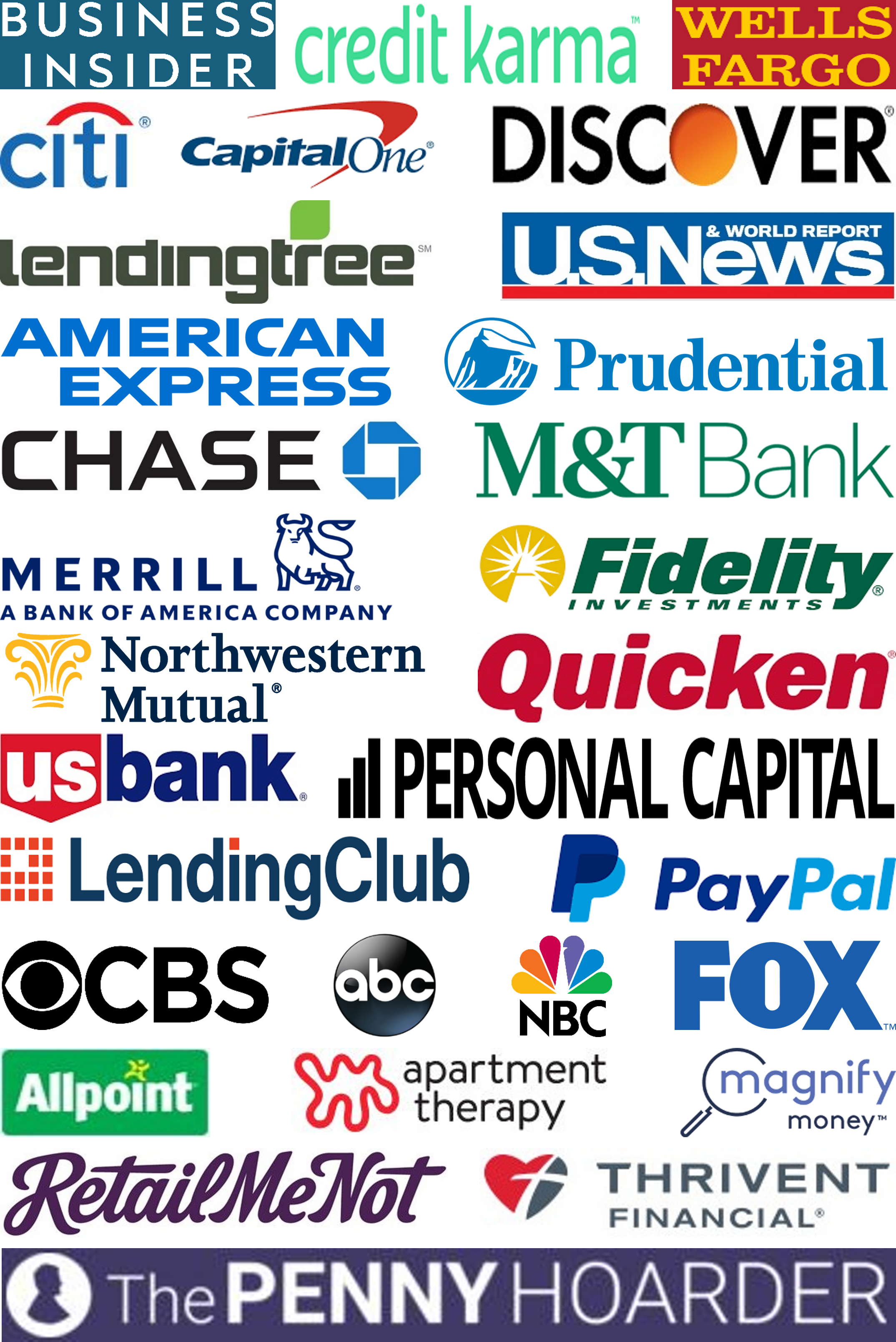 Business Insider, Credit Karma, Wells Fargo, Citi, Capital One, Discover, Lending Tree, U.S. News & World Report, American Express, Prudential, Chase, M&T Bank, Merrill Edge, Fidelity Investments, Northwestern Mutual, Quicken, U.S. Bank, Personal Capital, Lending Club, PayPal, CBS, ABC, NBC, FOX, Allpoint, Apartment Therapy, Magnify Money, RetailMeNot, Thrivent Financial, The Penny Hoarder
