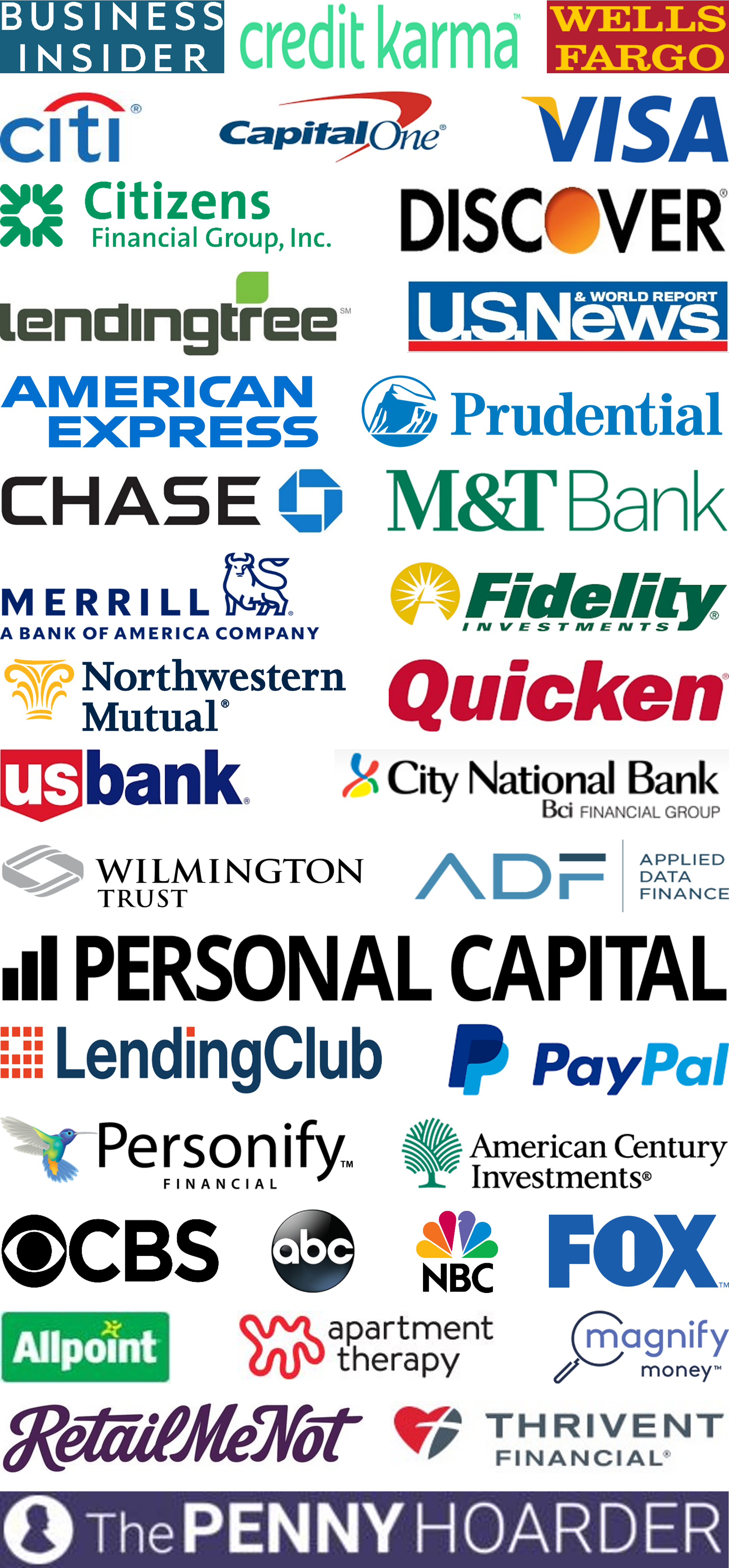 Business Insider, Credit Karma, Wells Fargo, Citi, Capital One, Discover, Visa, Citizens Financial Group & Citizens Bank, American Century Investments, Lending Tree, U.S. News & World Report, American Express, Prudential, Chase, M&T Bank, Merrill Edge, Fidelity Investments, Northwestern Mutual, Quicken, U.S. Bank, City National Bank of Florida, Wilmington Trust, Applied Data Finance & Personify Financial, Personal Capital, Lending Club, PayPal, CBS, ABC, NBC, FOX, Allpoint, Apartment Therapy, Magnify Money, RetailMeNot, Thrivent Financial, The Penny Hoarder